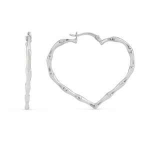 Sterling Silver Rhodium Plated Heart Bamboo Hoop Earrings