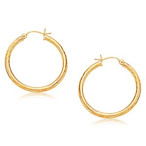 14k Yellow Gold Hoop Earring with Diamond-Cut Finish (3x30mm)