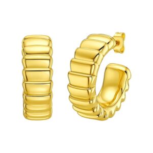 14K Yellow Gold Ribbed C Hoop Earrings