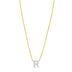 14K Yellow Gold Mini Diamond R Initial Pendant Necklace